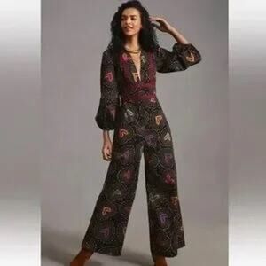 Farm Rio for Anthropologie Deep V Hearts Print Wide Leg Jumpsuit Size L